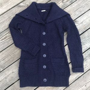 Long Heathered Navy Cardigan with Oversized Collar